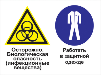 Кз 72 осторожно - биологическая опасность (инфекционные вещества). работать в защитной одежде. (пленка, 400х300 мм) - Знаки безопасности - Комбинированные знаки безопасности - магазин "Охрана труда и Техника безопасности"